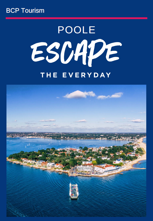 Front page of the Poole itinerary with a birds eye shot overlooking Sandbanks 